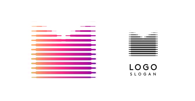 Abstract wide letter M, logo with horizontal gradient lines, dynamic gradient logotype for tech companies, software development, and innovative brands. illustration. vector