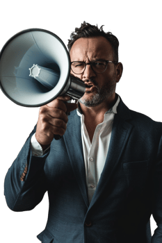 Isolated angry businessman using megaphone on transparent background png