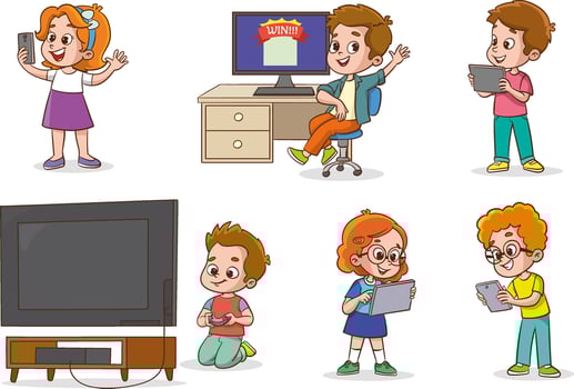 Gadgets kids. Adorable happy children using laptop smartphones tablets touch on digital phone screen holding electronic technics exact future technology concept vector