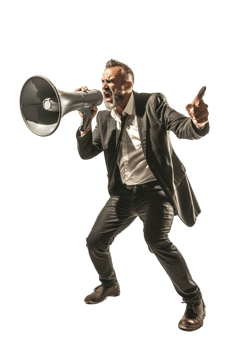 Isolated angry businessman using megaphone on transparent background png