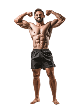 Happy male athlete flexing muscle alone against transparent background png