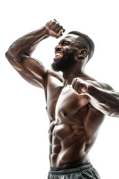 Happy male athlete flexing muscle alone against transparent background png
