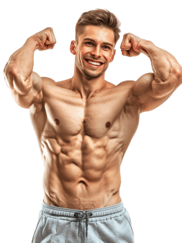 Happy male athlete flexing muscle alone against transparent background png