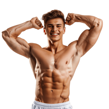 Happy male athlete flexing muscle alone against transparent background png