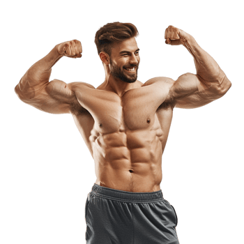 Happy male athlete flexing muscle alone against transparent background png