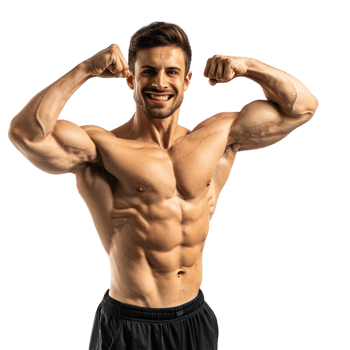 Happy male athlete flexing muscle alone against transparent background png