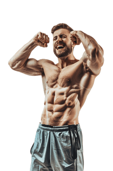 Happy male athlete flexing muscle alone against transparent background png