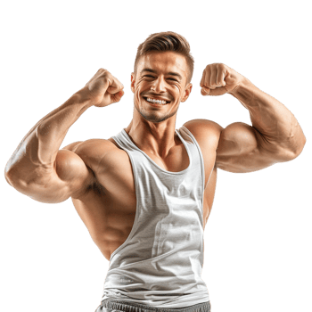 Happy male athlete flexing muscle alone against transparent background png