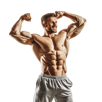 Happy male athlete flexing muscle alone against transparent background png