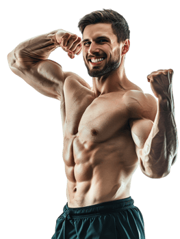 Happy male athlete flexing muscle alone against transparent background png