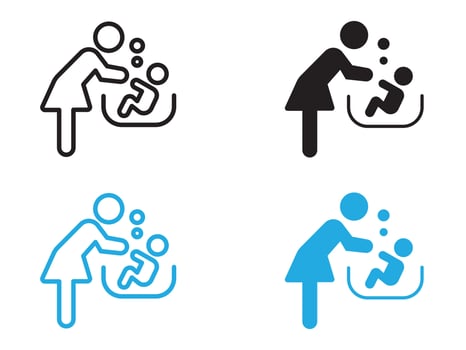 Mother washing baby in bath tub icon black and white outline sign vector