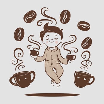 Relaxed Coffee Lover Floating with Cups and Beans - Whimsical Coffee-Themed Illustration vector