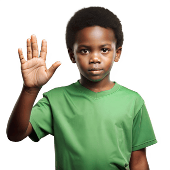 A young boy in a green shirt makes a stop sign with a serious expression on his face. png