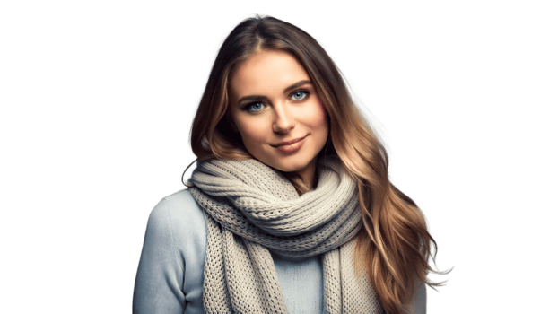 A woman wearing a scarf and sweater, looking cozy and stylish on a chilly day. png