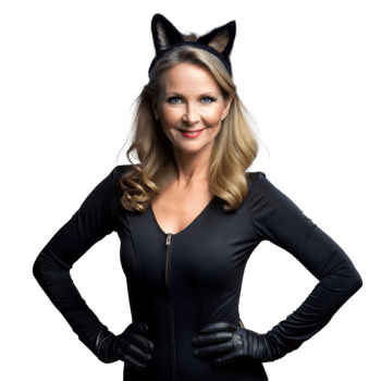 Woman Dressed in Cat-Inspired Costume With Ears Posing Confidently Against Transparent Background png