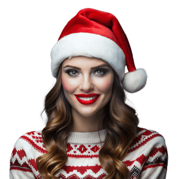 Cheerful Young Woman Smiling in Santa Hat and Holiday Sweater During Festive Winter Celebration png