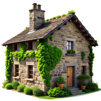 Charming Stone Cottage Surrounded by Greenery png