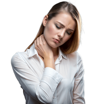 Woman holding her neck in pain, isolated on transparent background. png