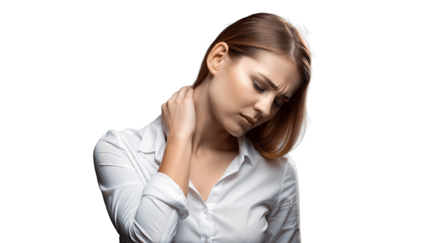 Woman holding her neck in pain, isolated on transparent background. png