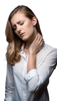 Woman holding her neck in pain, isolated on transparent background. png