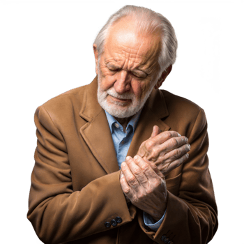 Elderly Man in Brown Jacket Expresses Discomfort While Rubbing His Wrist png