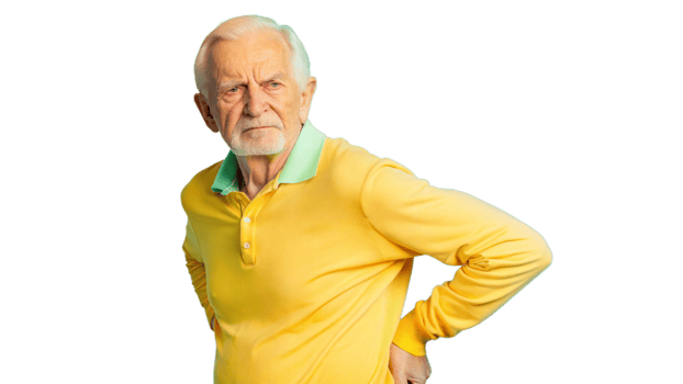 Elderly Man in Yellow Sweater With Back Pain png
