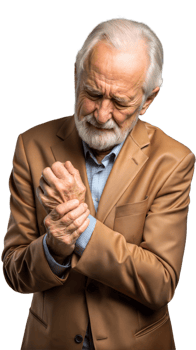 Elderly Man in Brown Suit Experiencing Discomfort While Holding His Wrist png