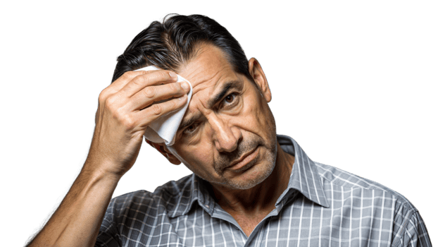 A worried looking man wipes sweat from his forehead with a cloth. png