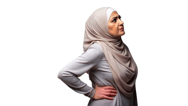 Middle-Aged Woman Gripping Her Lower Back While Standing Against a Transparent Background png