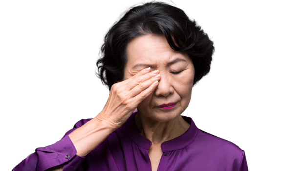 Elderly Woman With Short Black Hair Wearing Purple Top Rubbing Her Eyes png