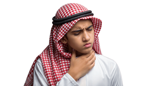 Young Boy in Traditional Attire Touches His Throat While Deep in Thought in png