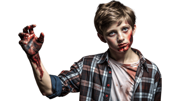 Young Boy Dressed as Zombie in Grimy Clothes With Bloody Hands on Halloween Night png