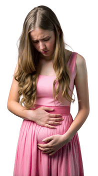 Young Woman in Pink Dress Holding Her Stomach While Experiencing Discomfort png