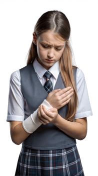 Young Girl in School Uniform Gently Touching Her Bandaged Wrist in Concerned Expression png