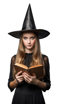 Young Woman in Black Dress and Witch Hat Holding Book png