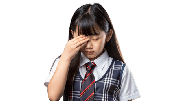 Young Student in School Uniform Holding Forehead Expressing Frustration png