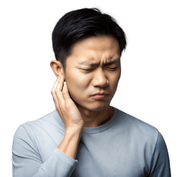 Asian man holding his ear in pain on a transparent background. png
