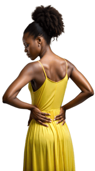 A woman in a yellow dress grimacing in pain while holding her lower back. png