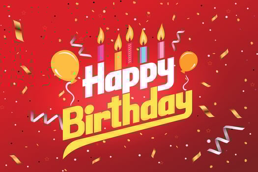 Happy birthday greeting text with yummy cake element decoration for kids party occasion vector