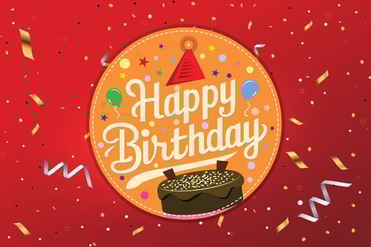 Happy birthday greeting text with yummy cake element decoration for kids party occasion vector