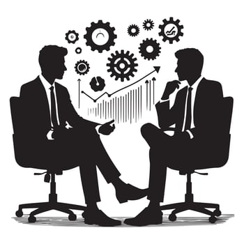 Two people having a conversation. Two business people having meeting silhouette. Two businessmen sitting in chair having a discussion vector