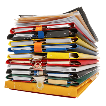 Stack of folders and documents on office desk against transparent background png