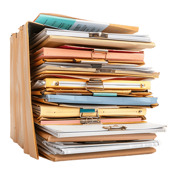 Stack of folders and documents on office desk against transparent background png