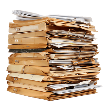 Stack of folders and documents on office desk against transparent background png