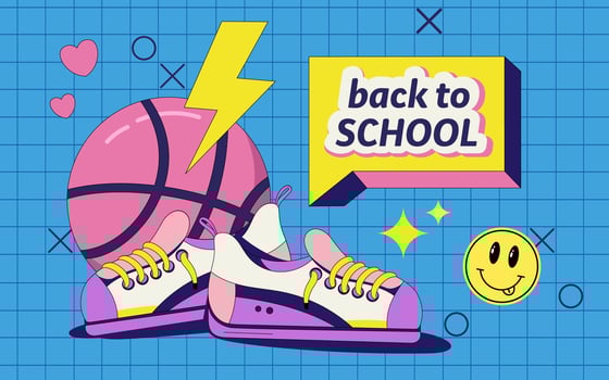 illustration of subjects for school. Drawn basketball and sneakers in Stylist 90s in bright colors. Modern text bubble and yellow bubble on a blue background with a children pattern. vector