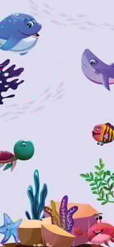 Banner with a lively ocean floor, featuring a happy blue whale, a friendly purple shark, a green sea turtle, a multicolored fish, a smiling blue starfish, and a cheerful red crab surrounded by coral vector