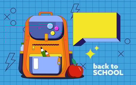 illustration of subjects for school. Drawn school backpack and pencils in Stylist 90s in bright colors. Text bubble and design elements on a blue background with a modern pattern. vector