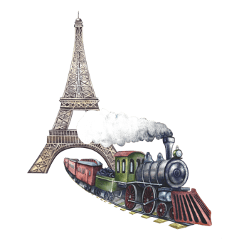 The train leaving the Eiffel tower. Vintage moving retro steam locomotive. A watercolor illustration made by hand. Isolate it. For banners, flyers, posters. For prints, stickers, postcards and ticket. png