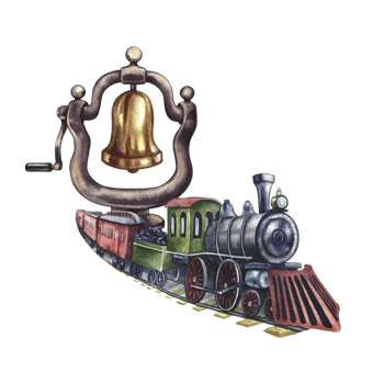 Vintage steam locomotive and steam locomotive bell. Traveling by train. Handmade watercolor illustration in vintage style. For postcards, badges and emblems, posters, prints or stickers, tickets. png