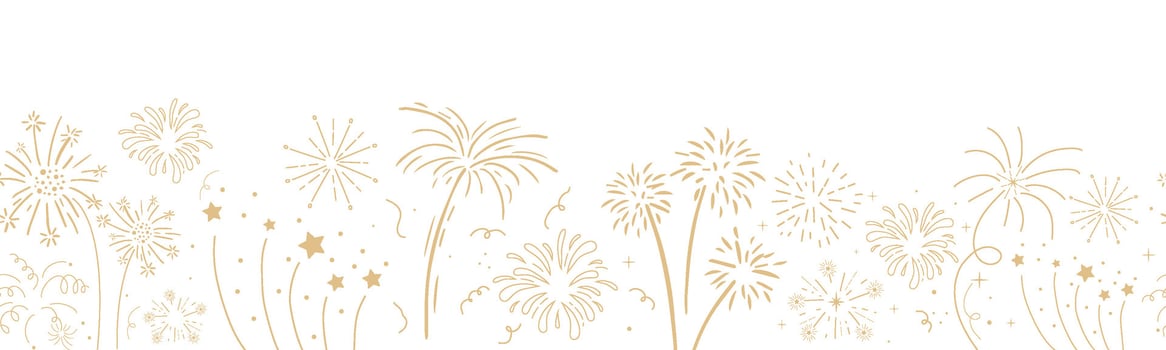 Fireworks festive explosion golden bursts, sparks in doodle style seamless pattern border. Holiday celebration decoration. vector